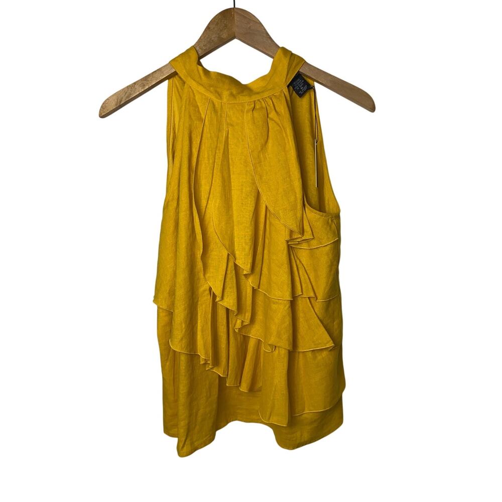 Marina Luna Yellow Linen Blend Sleeveless Ruffle Front Rear Tie Neck Top Medium